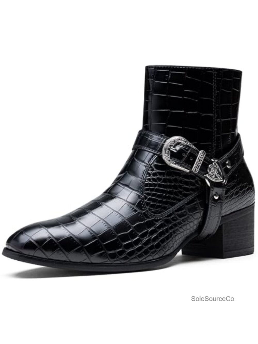 Crocodile Embossed Synthetic Leather Western Ankle Boots Buckle Strap
